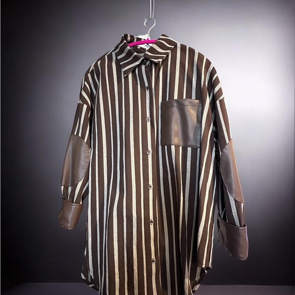 Commense Brown and Cream Striped Women’s Shirt with Faux leather